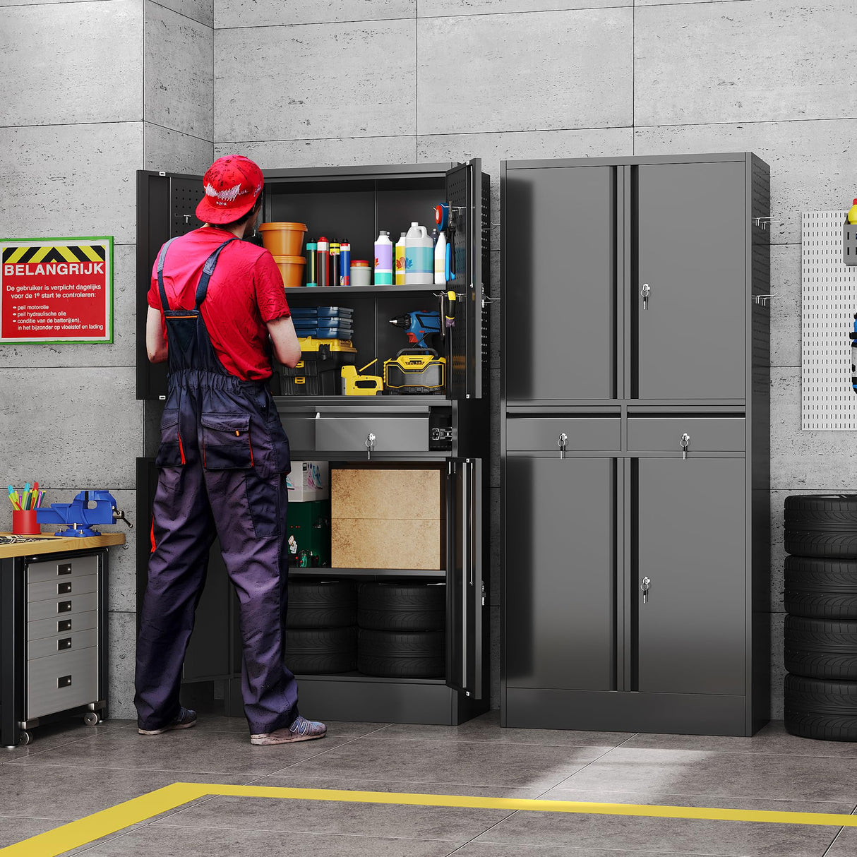 Aobabo 71" H×30" W×15" D Metal Storage Cabinet with 2 Drawers, Locking Steel Storage Cabinet with 2 Adjustable Shelves and 8 Hooks for Garage, Office, Black, Assembly Required Aobabo