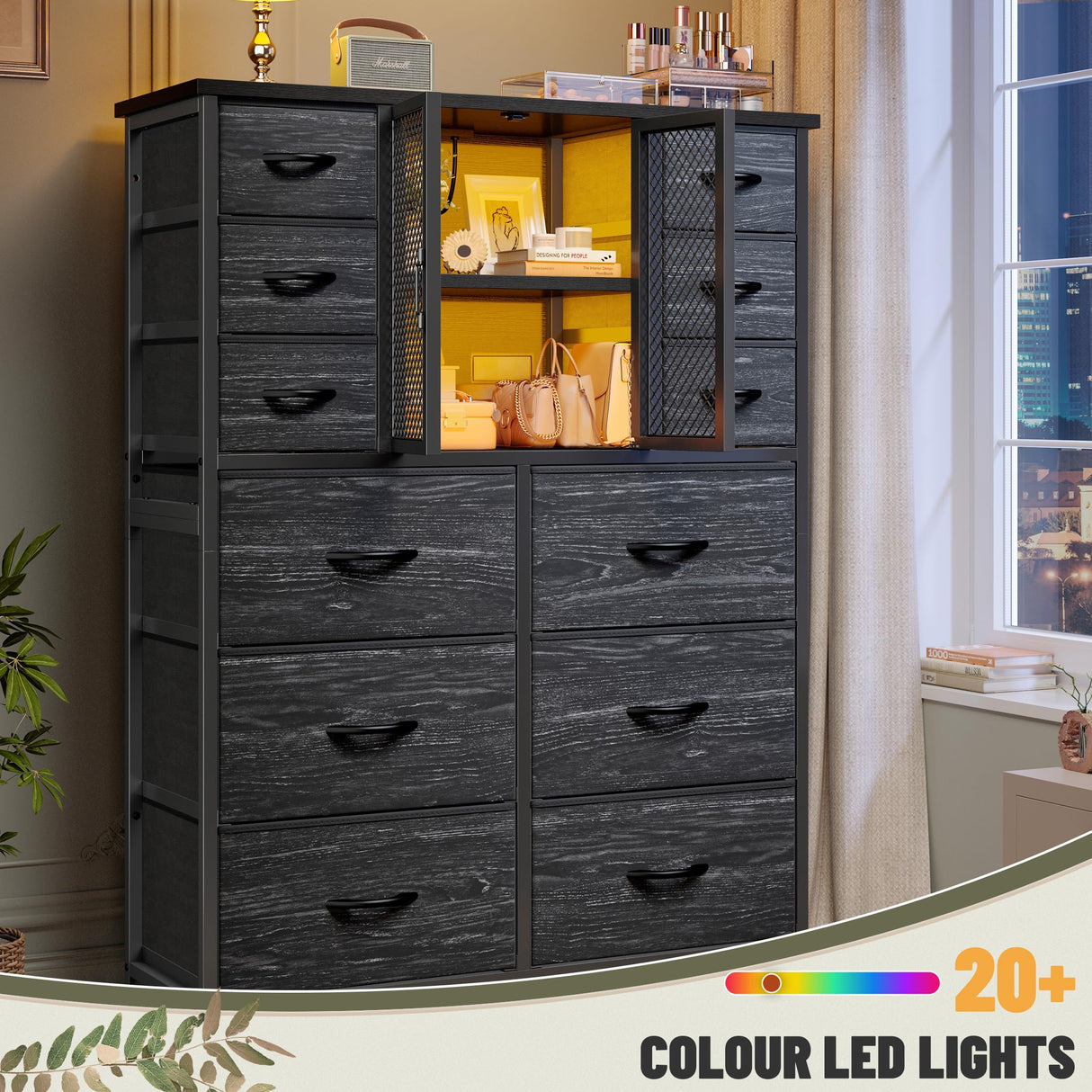 EnHomee Tall Dresser for Bedroom with 12 Drawer Dressers & Chests of Drawers for Closet with Charging Station & LED Lights & Mesh Door Sturdy Black Dresser with Wooden Top and Metal Frame EnHomee