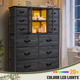 EnHomee Tall Dresser for Bedroom with 12 Drawer Dressers & Chests of Drawers for Closet with Charging Station & LED Lights & Mesh Door Sturdy Black Dresser with Wooden Top and Metal Frame EnHomee