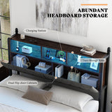 AMERLIFE King Size Bed Frame with Bookcase Headboard, 4 Storage Drawers, Wooden Platform Bed with Charging Station & LED Light, No Box Spring Needed, Noise-Free, Rustic Brown AMERLIFE