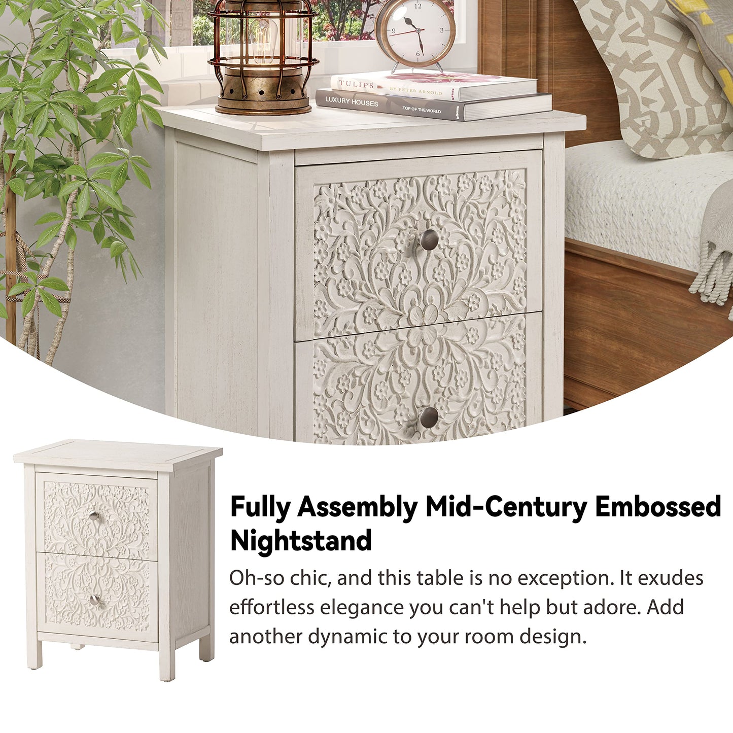 COZAYH Farmhouse Fully-Assembled Nightstand with 2-Drawer, Flower Motif End Table for Small Spaces, French Country, Modern, Distressed Finish, White-Washed