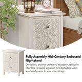 COZAYH Farmhouse Fully-Assembled Nightstand with 2-Drawer, Flower Motif End Table for Small Spaces, French Country, Modern, Distressed Finish, White-Washed COZAYH