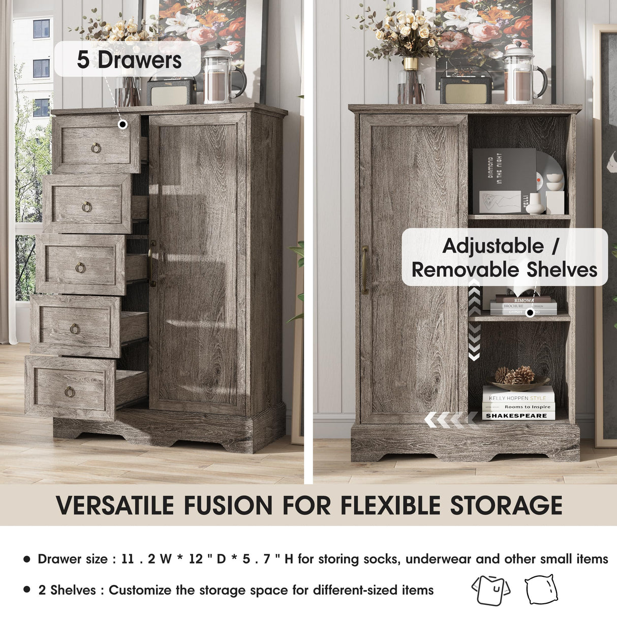 Vabches 5 Drawers Dresser for Bedroom with Sliding Barn Door, 48" Tall Farmhouse Modern Chest of Drawers, Wood Organizer Dresser for Bedroom, Hallway, Living Room, Rustic Washed Grey Vabches