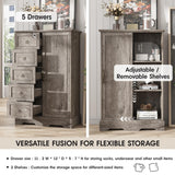 Vabches 5 Drawers Dresser for Bedroom with Sliding Barn Door, 48" Tall Farmhouse Modern Chest of Drawers, Wood Organizer Dresser for Bedroom, Hallway, Living Room, Rustic Washed Grey Vabches