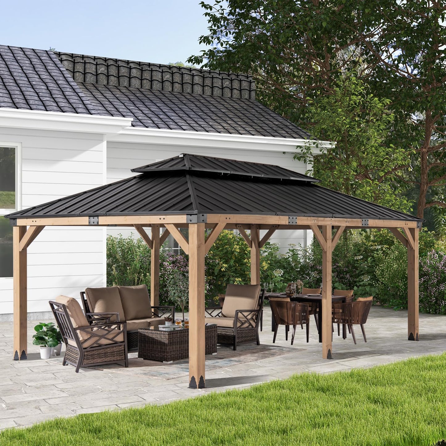 FAB BASED 12x20FT Hardtop Wood Gazebo, Natural Solid Cedar Frame Gazebo with 2-Tier Vented Roof, Outdoor Metal Canopy Pavilion for Deck, Garden, Backyard, Lawn - Only Frame - WoodArtSupply