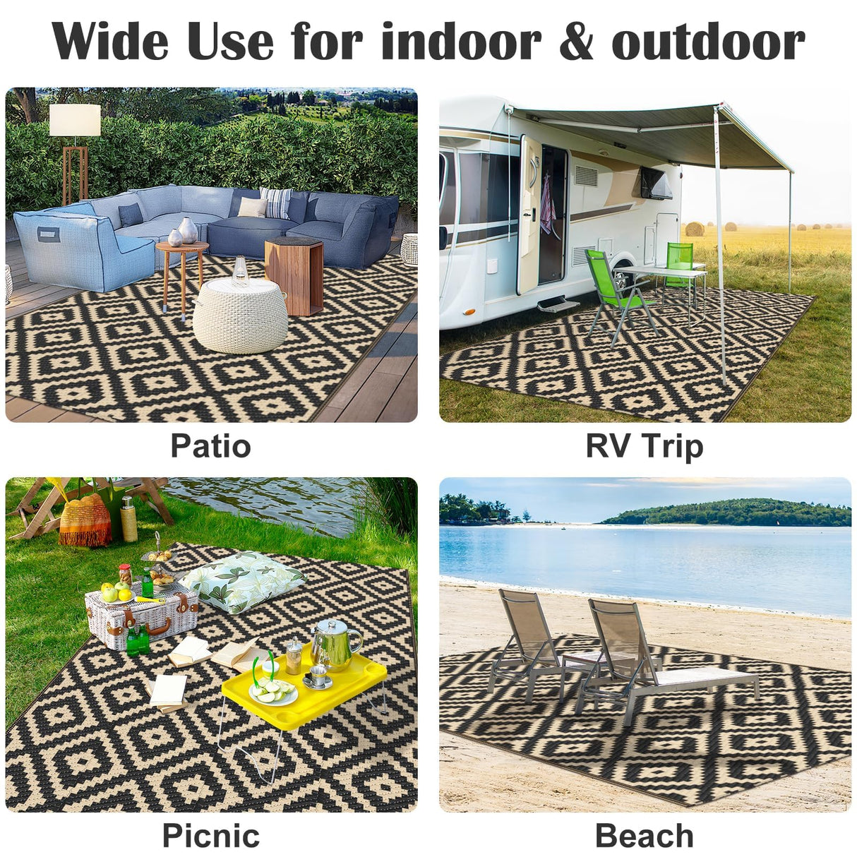 Mattitude Waterproof Outdoor Rug 5x8 Ft Outdoor Plastic Straw Rug Reversible Patio Rug Large Outdoor Carpet Area Rug for Patio Backyard Picnic Beach Camping RV Black & Beige Mattitude