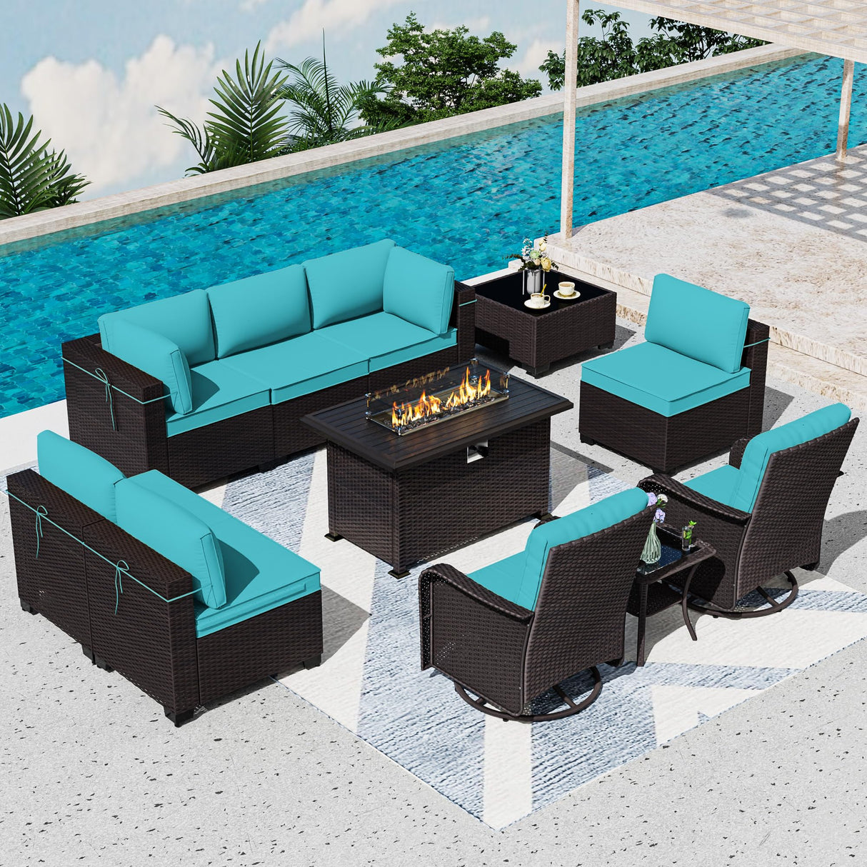 ASJMR 11 Pieces Patio Furniture Set with 2 Swivel Chairs Patio Furniture Outdoor Sectional Sofas with 55000 Gas Fire Pit Patio Conversation Set w/7 Cushions- ASJMR