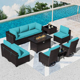 ASJMR 11 Pieces Patio Furniture Set with 2 Swivel Chairs Patio Furniture Outdoor Sectional Sofas with 55000 Gas Fire Pit Patio Conversation Set w/7 Cushions- ASJMR