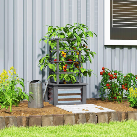 Outsunny Raised Garden Bed with Trellis, Wooden Planter Box with Galvanized Steel Sides, Raised Flower Bed for Climbing Plants, Flowers, Fruits and Vegetables, Gray Outsunny