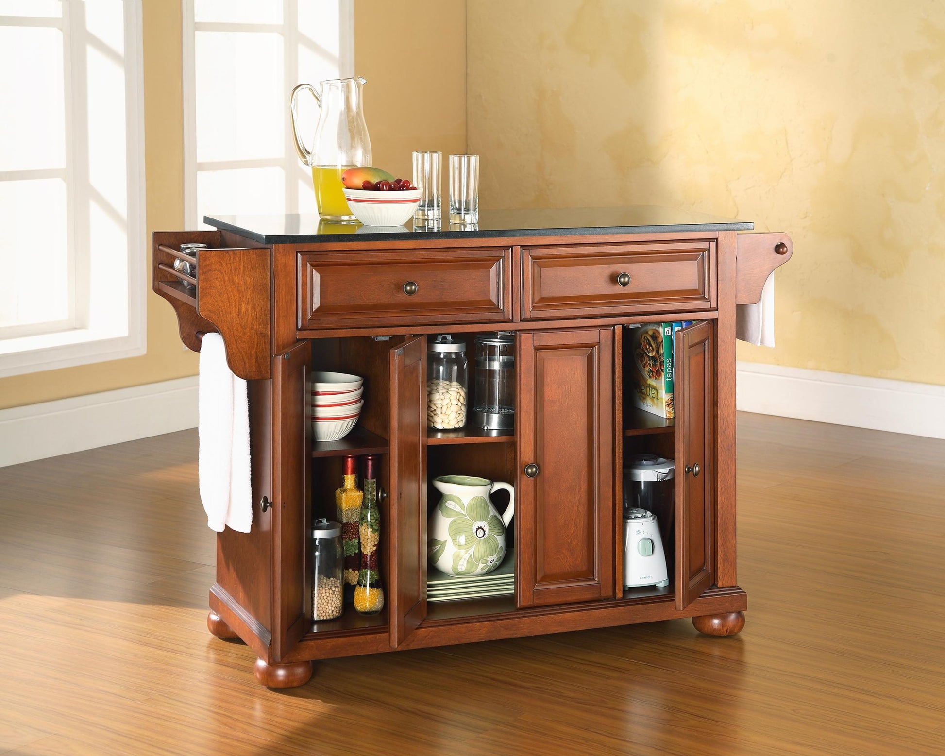 Crosley Furniture Alexandria Kitchen Island with Solid Black Granite Top - Classic Cherry - WoodArtSupply