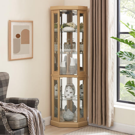 XZTUAJ Corner Curio Cabinet Display Case with Light, 69" H Glass Display Cabinet, Display Showcase Case Storage with Tempered Glass Door & Adjustable Glass Shelves for Living Room (Light Oak) XZTUAJ