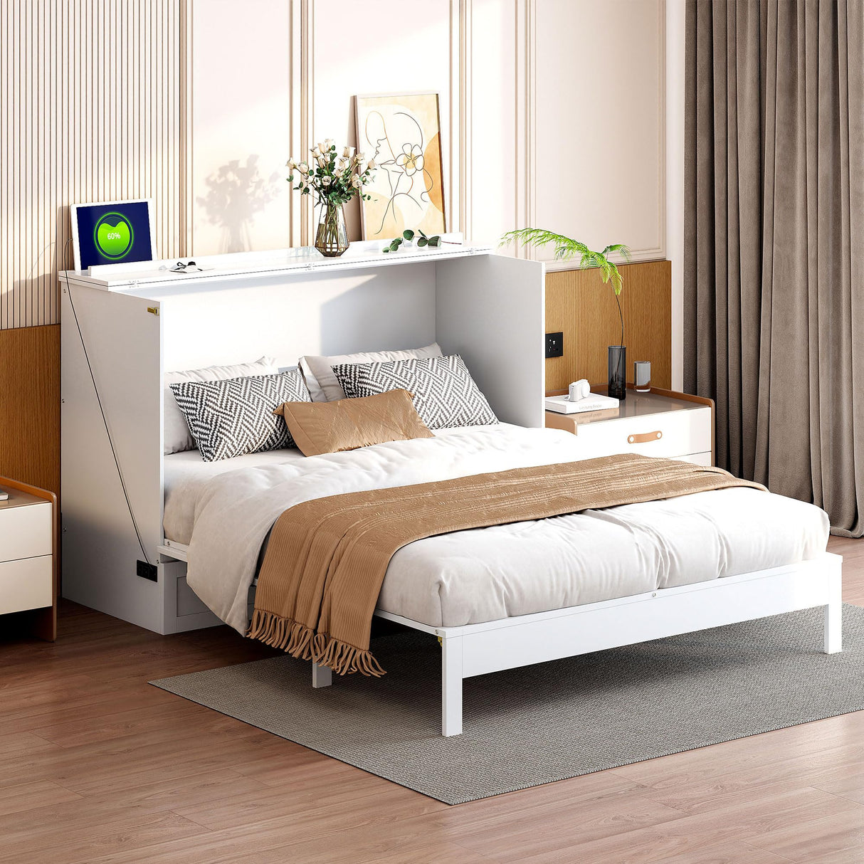 P PURLOVE Full Murphy Bed with Large Drawers, Wood Cabinet Bed with USB Port, No Box Spring Needed, Easy Assembly (White) P PURLOVE