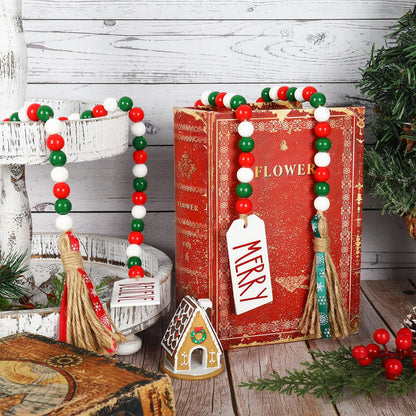 Whaline 2Pcs Christmas Wooden Bead Garlands Xmas Natural Wood Bead Garland with Rope Tassel Classical Red Green Beads Hanging Decor for Farmhouse Tiered Tray Home Wall Decor Christmas Party Suppliers