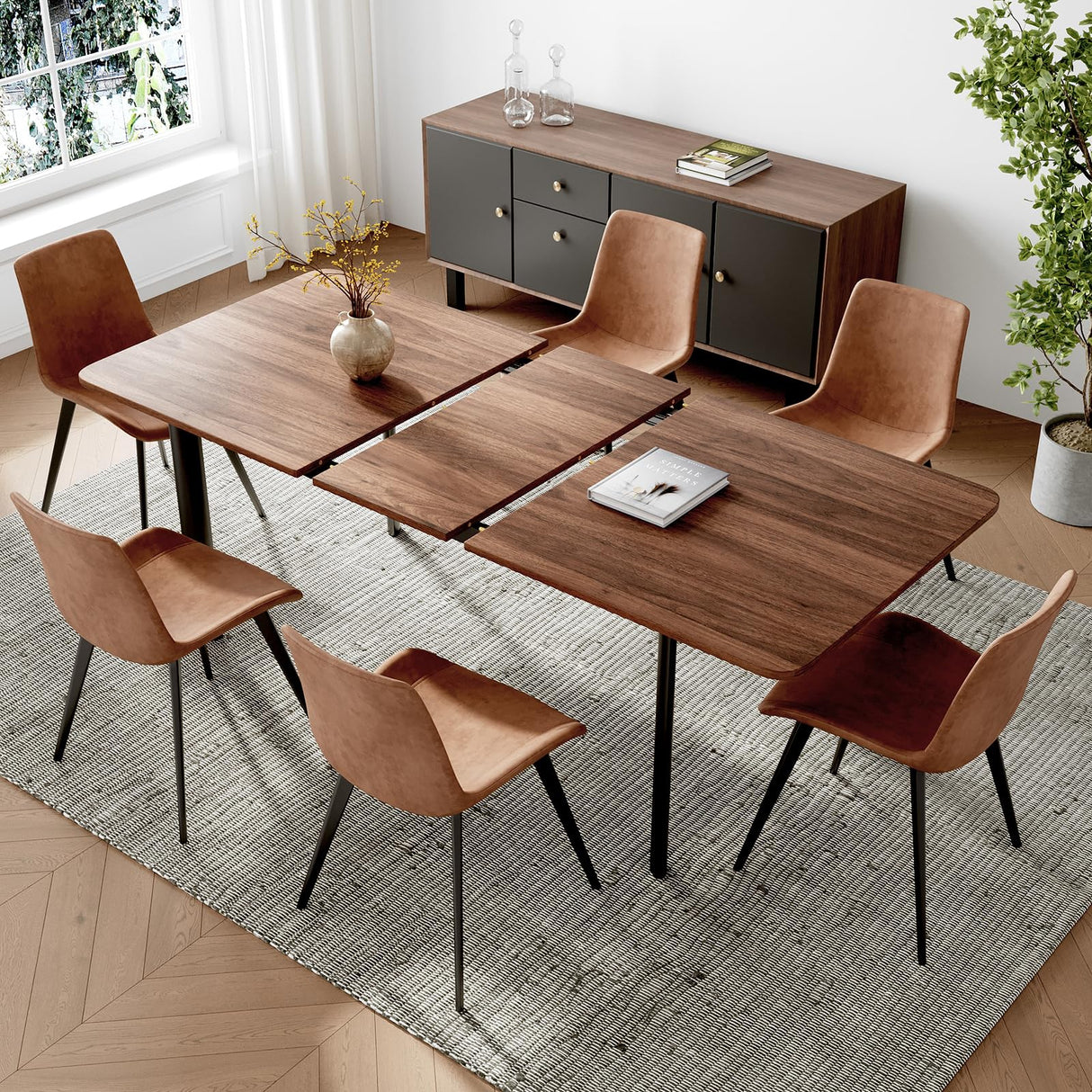 HIPIHOM 63"- 78.7" Extendable Dining Table Set for 6, Modern Kitchen Table with 6 Dining Chairs, Thickened Expandable Wooden Table with Metal Legs for Dining Room, Kitchen HIPIHOM
