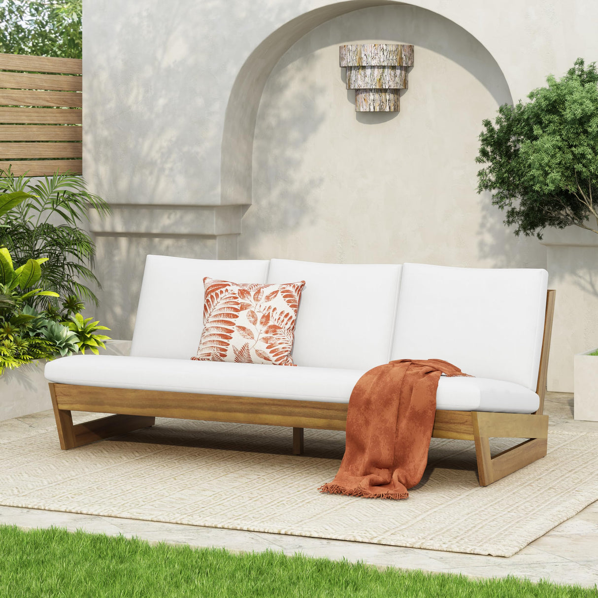 Christopher Knight Home Wicos Modern Acacia Wood Outdoor Sofa with Cushion, Wood Patio Sofa Chair Armless Design, Garden Backyard Outdoor Lounge Sofa Couch with Water-Resistant Cushion, Teak+White Christopher Knight Home