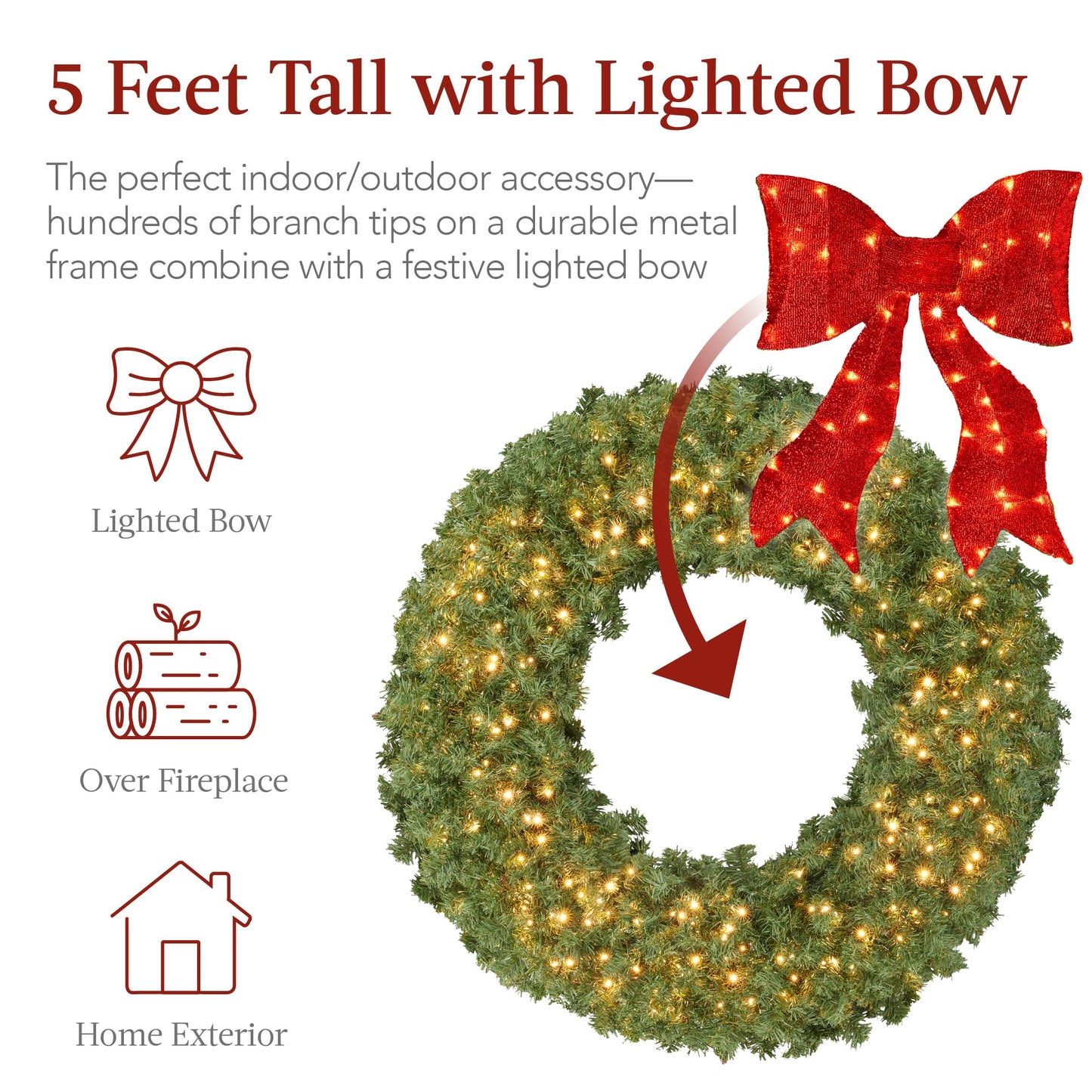 Best Choice Products 60in Large Artificial Pre-Lit Fir Christmas Wreath Holiday Accent Decoration for Door, Mantel w/Red Lighted Bow, 375 LED Lights, 930 PVC Tips, Power Plug-in