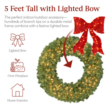 Best Choice Products 60in Large Artificial Pre-Lit Fir Christmas Wreath Holiday Accent Decoration for Door, Mantel w/Red Lighted Bow, 375 LED Lights, 930 PVC Tips, Power Plug-in