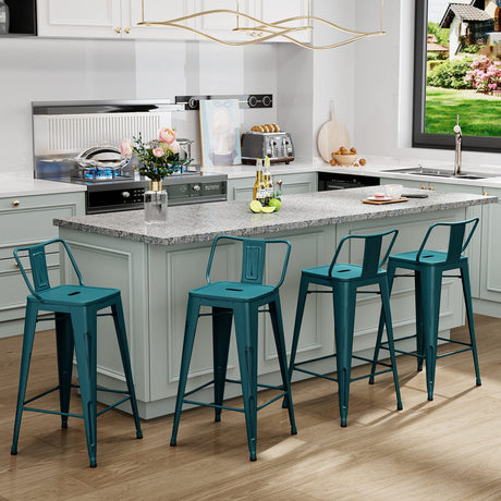 Aklaus Metal Bar Stools Set of 4 Barstools Bar Height Bar Stools with Back Industrial Bar Stool Indoor Outdoor Stools Kitchen Dining Chairs Modern Bar Chairs Distressed Teal Blue 30inch Stools Aklaus