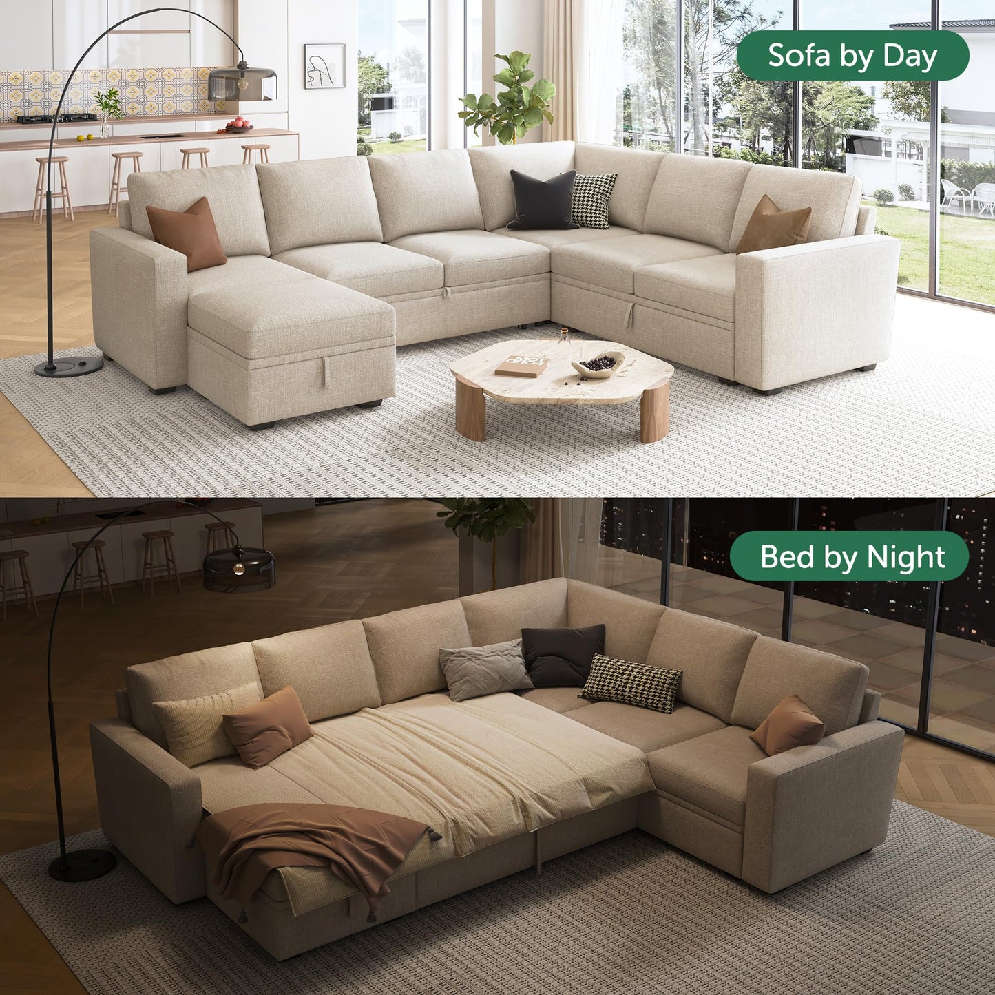 HONBAY Modular Sectional Sleeper Sofa with Pull Out Bed, U Shaped Sectional Couch with Storage Ottoman Convertible 7-Seater Sofa, Beige