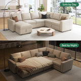 HONBAY Modular Sectional Sleeper Sofa with Pull Out Bed, U Shaped Sectional Couch with Storage Ottoman Convertible 7-Seater Sofa, Beige HONBAY