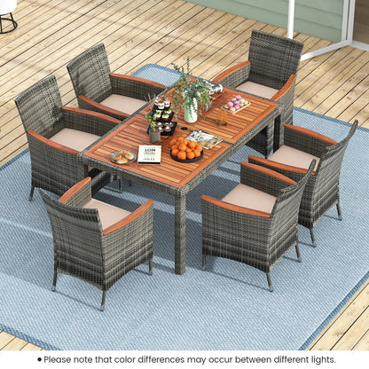 Tangkula 7 Pieces Outdoor Wicker Dining Set, Patio Dining Furniture Set with Acacia Wood Table and 6 Armchairs, Outdoor Table and Chairs Set with 1.96” Umbrella Hole and Cushions