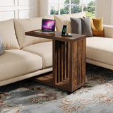 Tribesigns C-Shaped End Table, 2-Tier Side Table for Couch and Bed, Small Couch Table with Lockable Wheels, Wood Bedside Table for Living Room, Bedroom, Set of 2, Rustic Brown Tribesigns