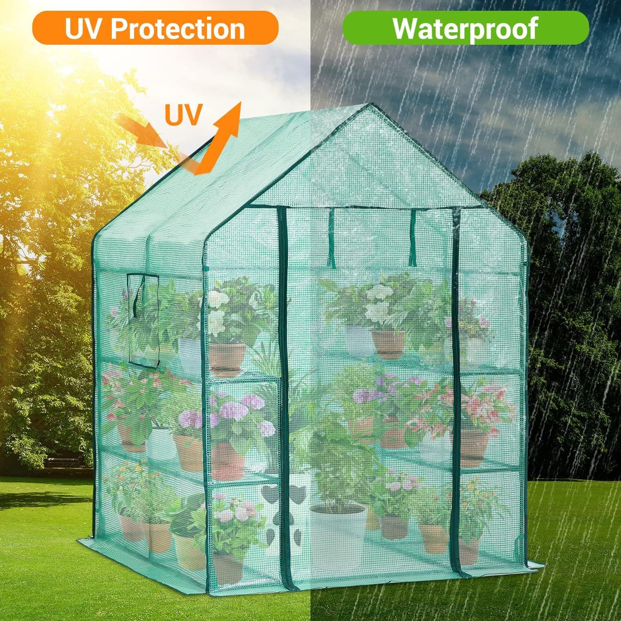 Greenhouse for Outdoors with Screen Windows, Ohuhu Walk in Plant Greenhouses Heavy Duty with Durable PE Cover, 3 Tiers 12 Shelves Stands 4.8x4.8x6.3 FT Plastic Portable Green House with Shelf Clips Ohuhu