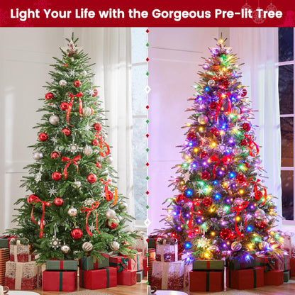 Yaheetech 7.5ft Pre-Lit Aspen Christmas Tree with 750 Multicolored LED Lights, 2136 PE & PVC Branch Tips, 9 Light Modes Lighted Artifical Noble Fir, Holiday Décor, Foldable Metal Stand