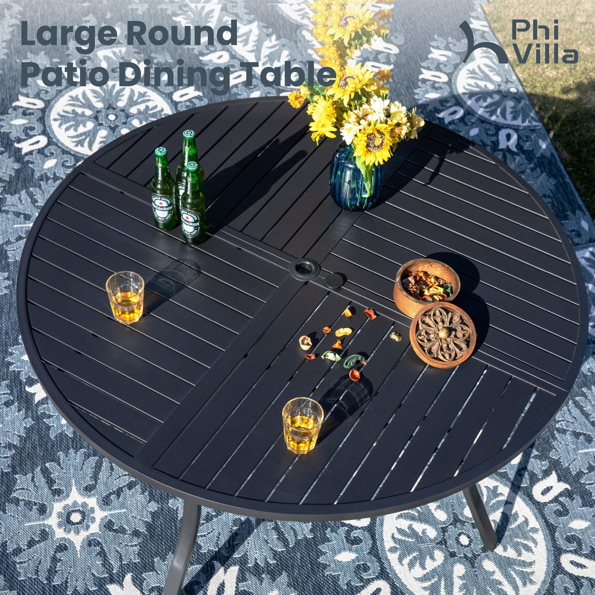 PHI VILLA 7 Piece Outdoor Patio Dining Set with 6 Swivel Dining Chairs & 1 Large Round Dining Table, Blue Textilene Mesh Fabric Chair and 54" Metal Table for All Weather PHI VILLA