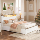 IRONCK Farmhouse Queen Size Bed Frame with LED Light and Charging Station, Wood Bed Frame with Storage Headboard and 2 Drawers， Barn Door Design, Sturdy and Noiseless, White IRONCK