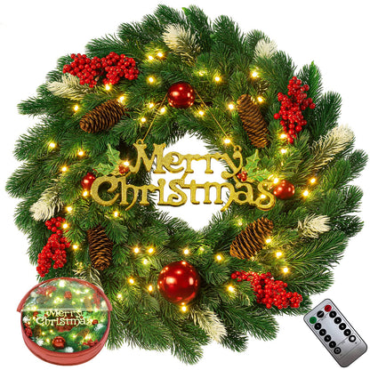 18 Inches Pre-Lit Artificial Christmas Wreath, Lighted Christmas Wreaths for Front Door with Battery Operated 45 LED Lights, Outdoor Christmas Wreath Decorated with Pine Cones, Berry Clusters