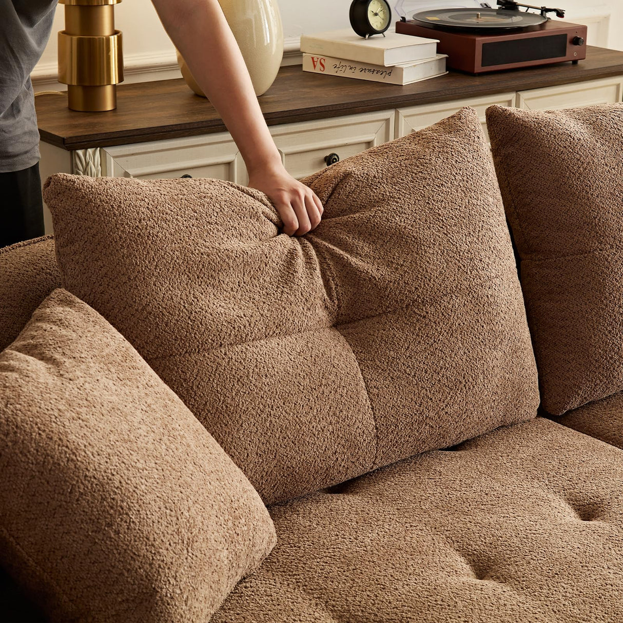 YOPENG 109" Curved Couch Modular Sectional Sofa,Modern Boucle Fabric Tufted Upholstered Couches,4 Seats Extra Deep Curved Sofas for Living Room,Bedroom,Small Spaces,Camel YOPENG