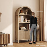 Yusong 71" Tall Arched Bookcase, 5-Tier Arched Bookshelf, Arch Cabinet Display Cabinet with Fluted Doors and Shelves, Modern Farmhouse Kitchen Pantry for Living Room Bedroom, Nature Yusong