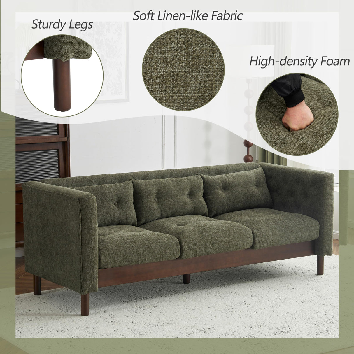 Christopher Knight Home Marloo 3 Seater Sofa Couch, Upholstered Couch, Linen-Like Tufted Back Sofa with Arm Rest, Rubberwood Legs, 78" Spacious Seating for Living Room Home Rest, Dark Green Christopher Knight Home