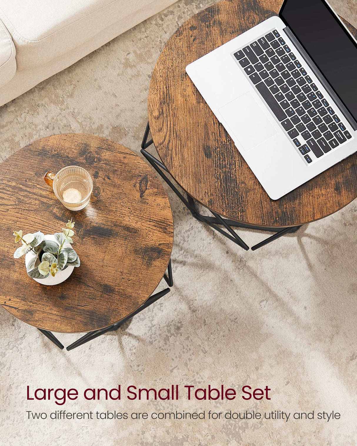 VASAGLE Small Coffee Table Set of 2, Round Coffee Table with Steel Frame, Side End Table for Living Room, Bedroom, Office, Rustic Brown and Ink Black VASAGLE