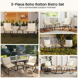 Yaheetech 3 Piece Patio Bistro Set Outdoor Wicker Bistro Furniture Sets, 2 Rattan Chairs and Glass Top Table for Patio, Balcony, Porch, Poolside, Backyard - Tan/Cream Yaheetech
