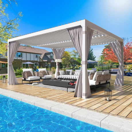YOLENY Louvered Pergola 10x12, All Aluminum Pergola with Adjustable Rainproof Roof, Outdoor Pergola with Curtains and Nets for Patio & Garden, White YOLENY