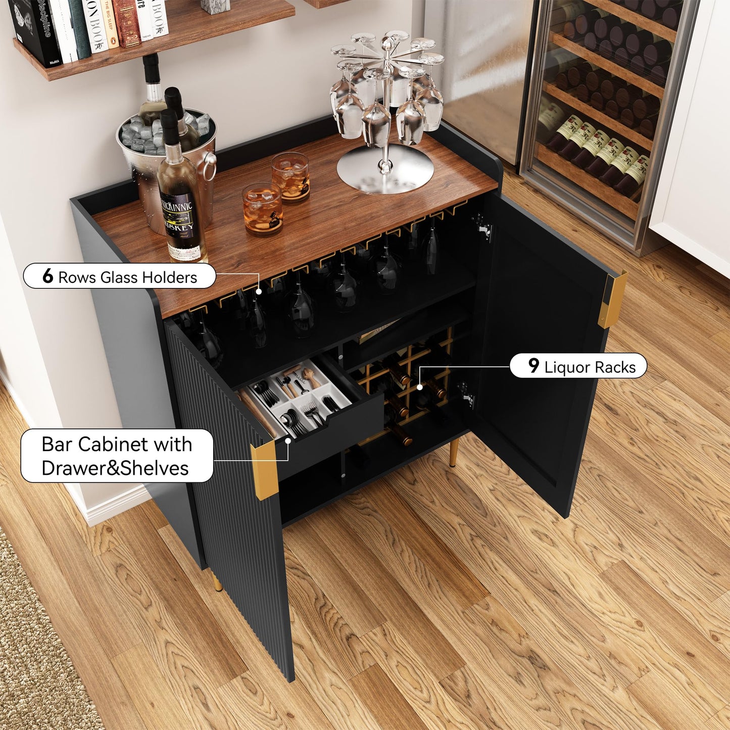 ARTPOWER Sideboard Buffet Cabinet with Fluted Texture, Modern Coffee Bar Cabinet with Wine Rack&Drawers, Black Liquor Cabinet for Kitchen Dining Room, Living Room