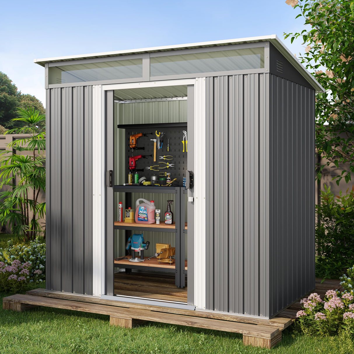 Gizoon 6'x4' Outdoor Storage Shed Metal Garden Shed with Sliding Lockable Doors, Versatile Tool Bike Shed with Transparent Panel Windows, Outdoor Storage Clearance for Backyard, Patio, Dark Gray Gizoon