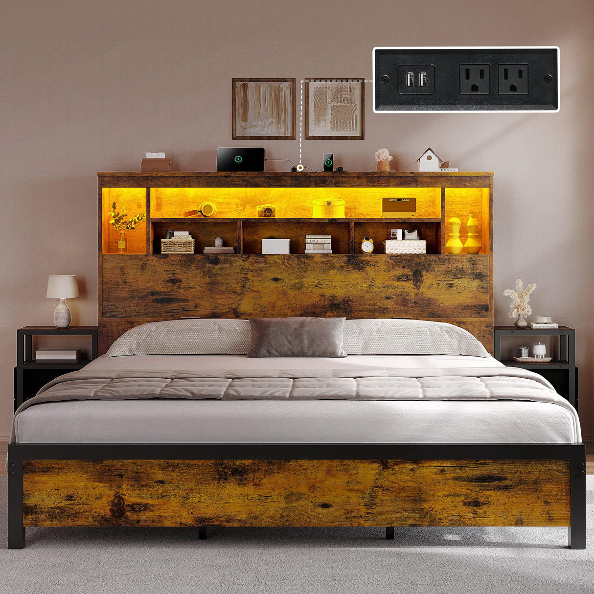 YITAHOME King Size Bed Frame with Storage Bookcase Headboard & RGB LED Lights, Slide Out Bedside Storage, Charging Station & USB, Heavy Duty Metal Slats, No Box Spring Needed, Noise-Free, Rustic Brown YITAHOME