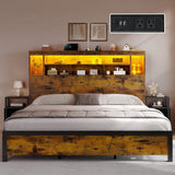 YITAHOME King Size Bed Frame with Storage Bookcase Headboard & RGB LED Lights, Slide Out Bedside Storage, Charging Station & USB, Heavy Duty Metal Slats, No Box Spring Needed, Noise-Free, Rustic Brown YITAHOME