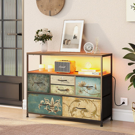 Tohomeor TV Stand with Power Oulet Dresser with Charging Station & LED Light Dresser with 6 Fabric Drawers for Living Room Storage Chest of Drawers Retro Dresser with Open Shelf Wooden Top Tohomeor