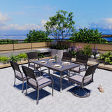 Pamapic 7 Piece Patio Dining Set for 6,Outdoor Wicker Furniture Set for Backyard Garden Deck Poolside with 4 Dining Chairs and 2 Swivel Rockers,Iron Slats Table Top, Removable Cushions(Gray) Pamapic