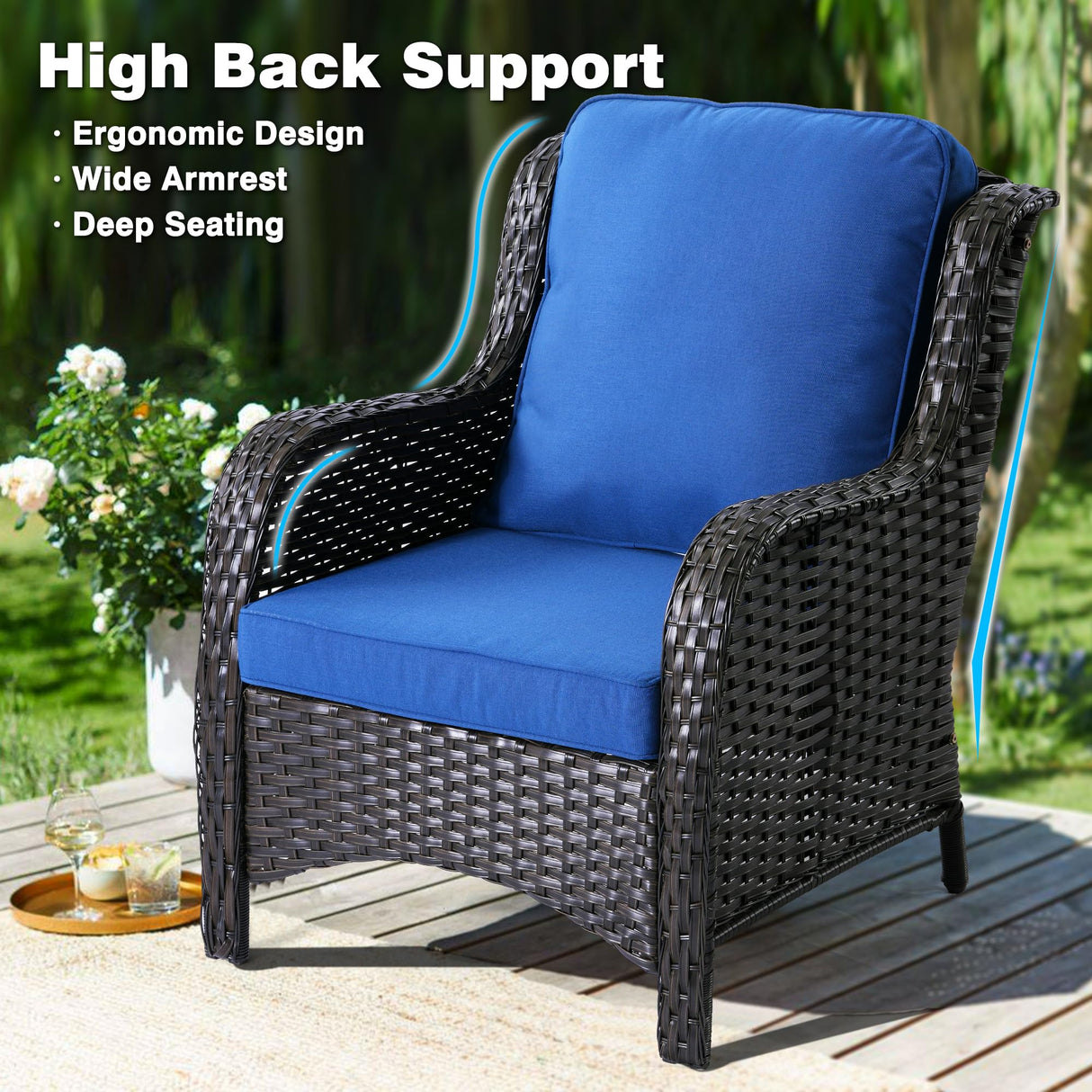 ovios Patio Furniture Set, 5 Piece Outdoor Wicker High Back Sofa with Comfy Cushions Ottomans, All Weather Conversation Set, Brown Rattan Navy Blue ovios