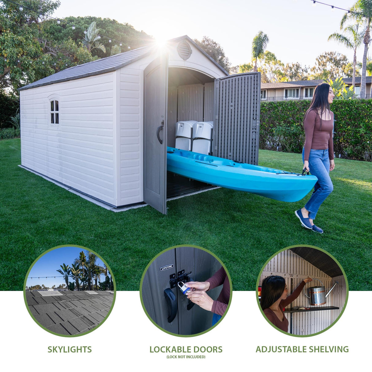 Lifetime Outdoor Storage Shed, 8x15 Ft, Desert Sand, Resin Backyard Tool Shed with Lockable Doors and Weather-Resistant Panels Lifetime