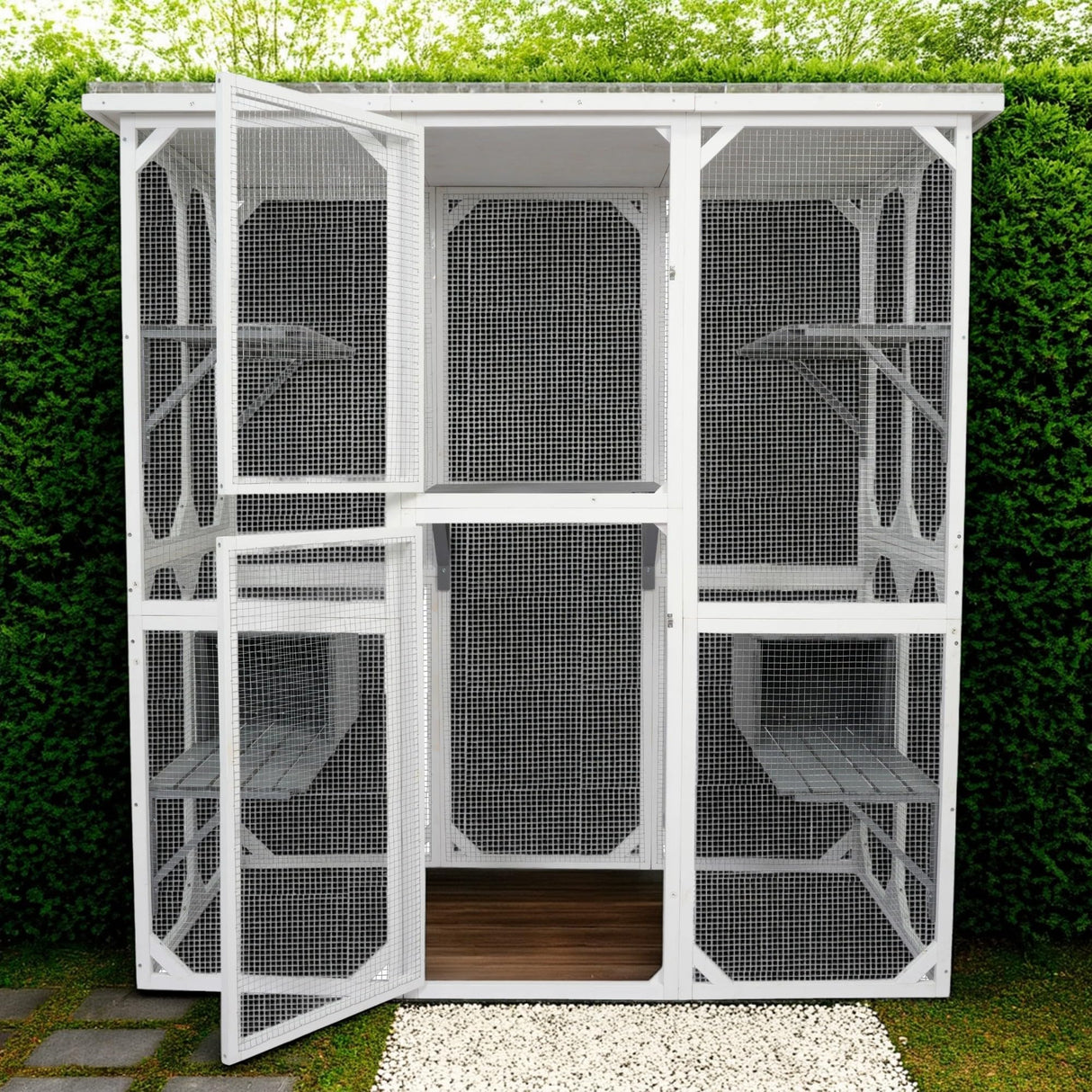 LINKHOO 71" Large Wooden Catio Outdoor Cat Enclosure with Perches and Condos, Cat House Indoor w/Waterproof Roof, 5 Platforms & 2 Resting Box, UV Resistant, Cat Shelter for Outside Patio, White LINKHOO