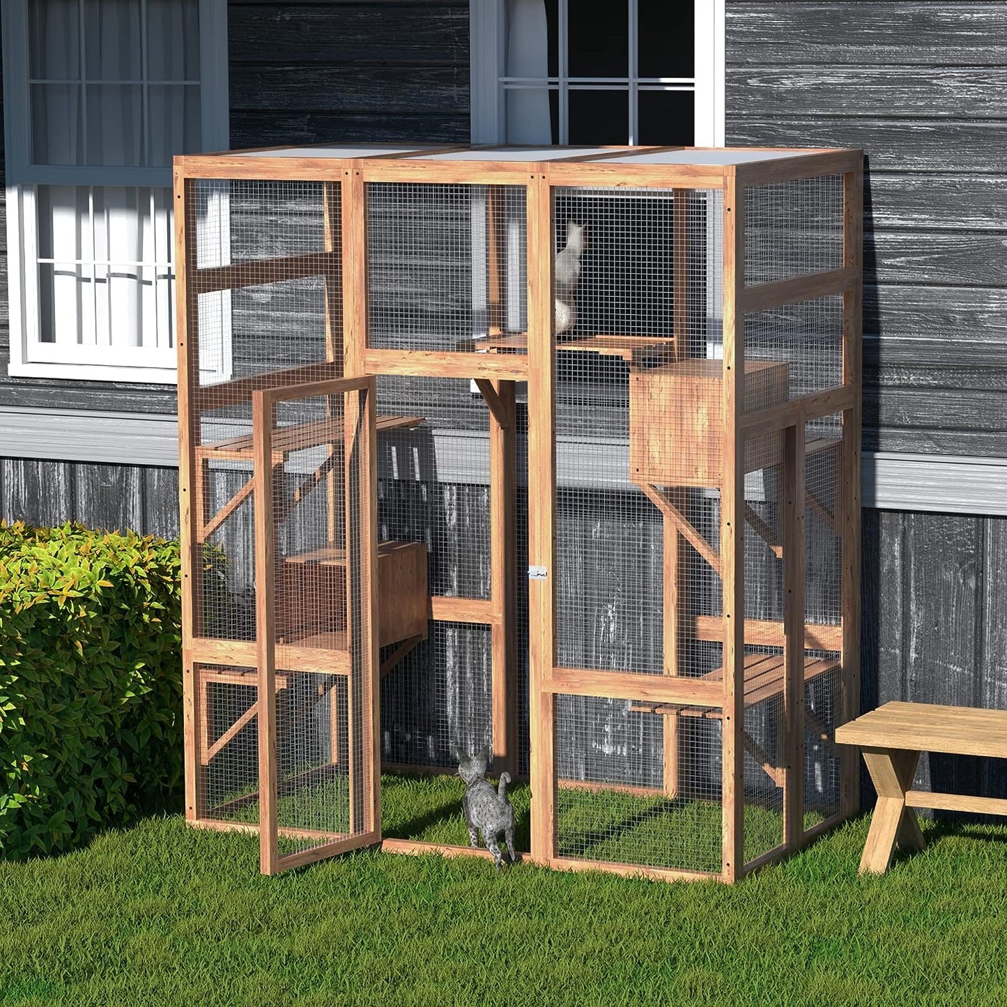 Large Cat House Outdoor Catio - Cat Play & Run Enclosures Indoor Kitty Window Cage with Waterproof Roof, 7 Platforms & 2 Resting Box, UV Resistant, 62.5" L x 32.5" W x 70" H, Orange