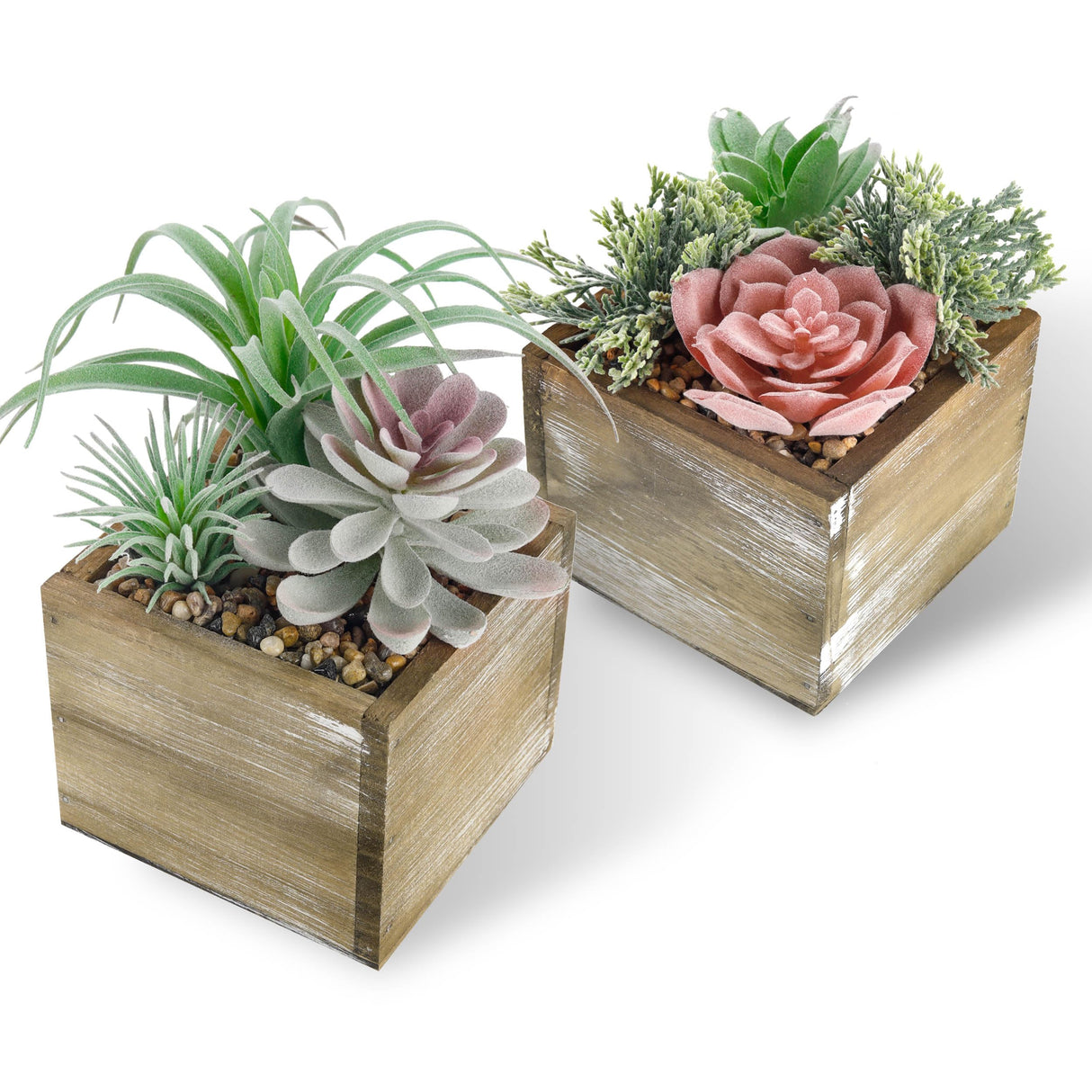 Der Rose Set of 2 Succulents Plants Artificial Fake Plants in Wood Pots with Pink Fake Flowers for Farmhouse Bathroom Desk Sheif Decor Der Rose