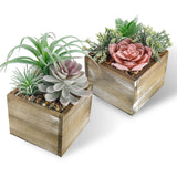Der Rose Set of 2 Succulents Plants Artificial Fake Plants in Wood Pots with Pink Fake Flowers for Farmhouse Bathroom Desk Sheif Decor Der Rose