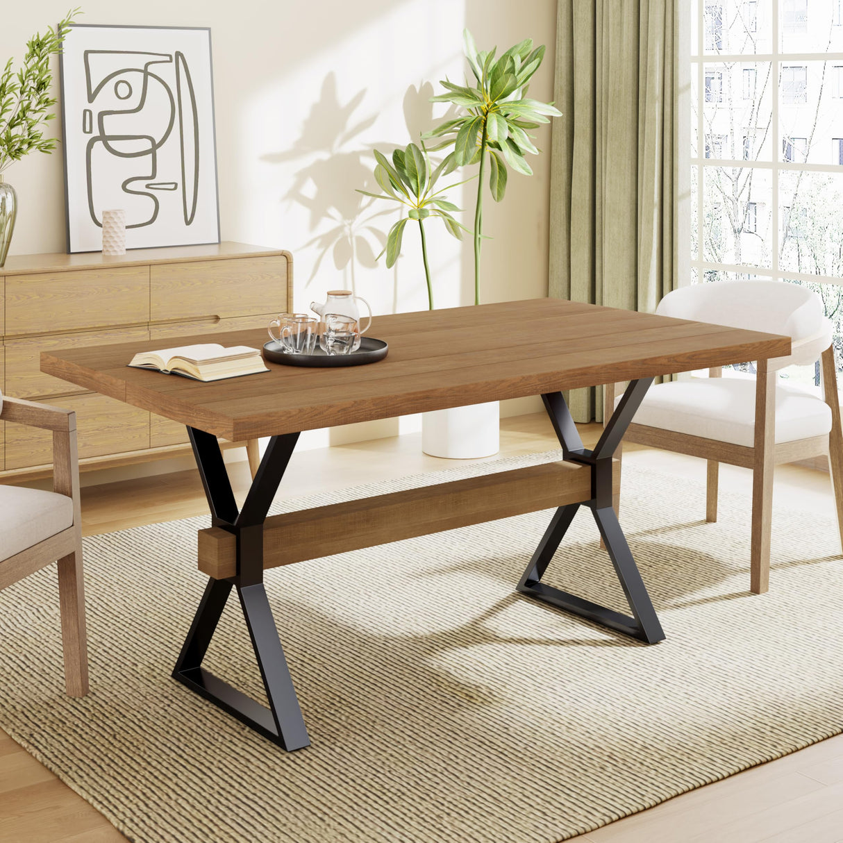 Christopher Knight Home Keyats 63 Inch Dining Table for 6 People, Modern Farmhouse Kitchen Table with X-Shaped Metal Legs, Rectangular Dinner Furniture for Dining Room, Home Office, Brown Christopher Knight Home